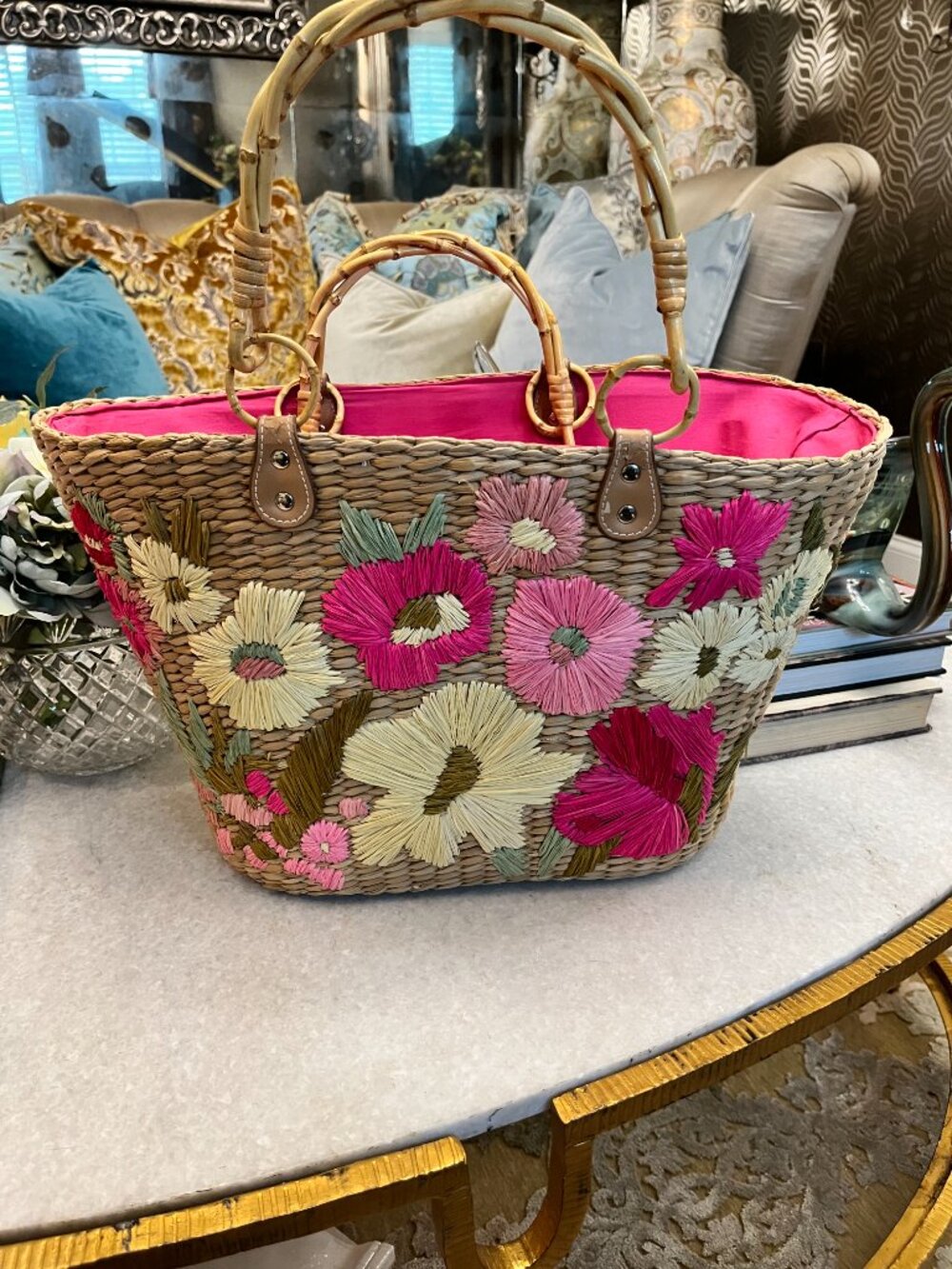 unbranded Boho vibrant hand-embroidered flowers wicker tote